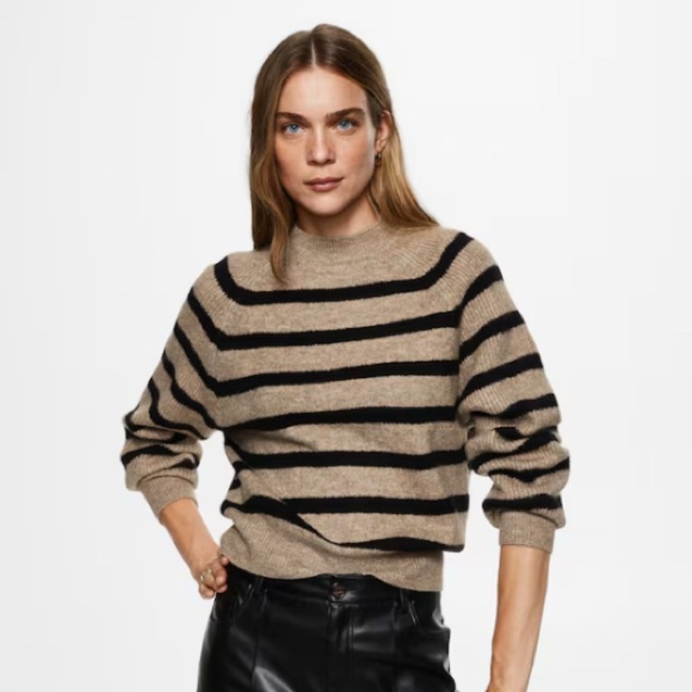 MANGO Brown and Black Striped Knit Crewneck Sweater
